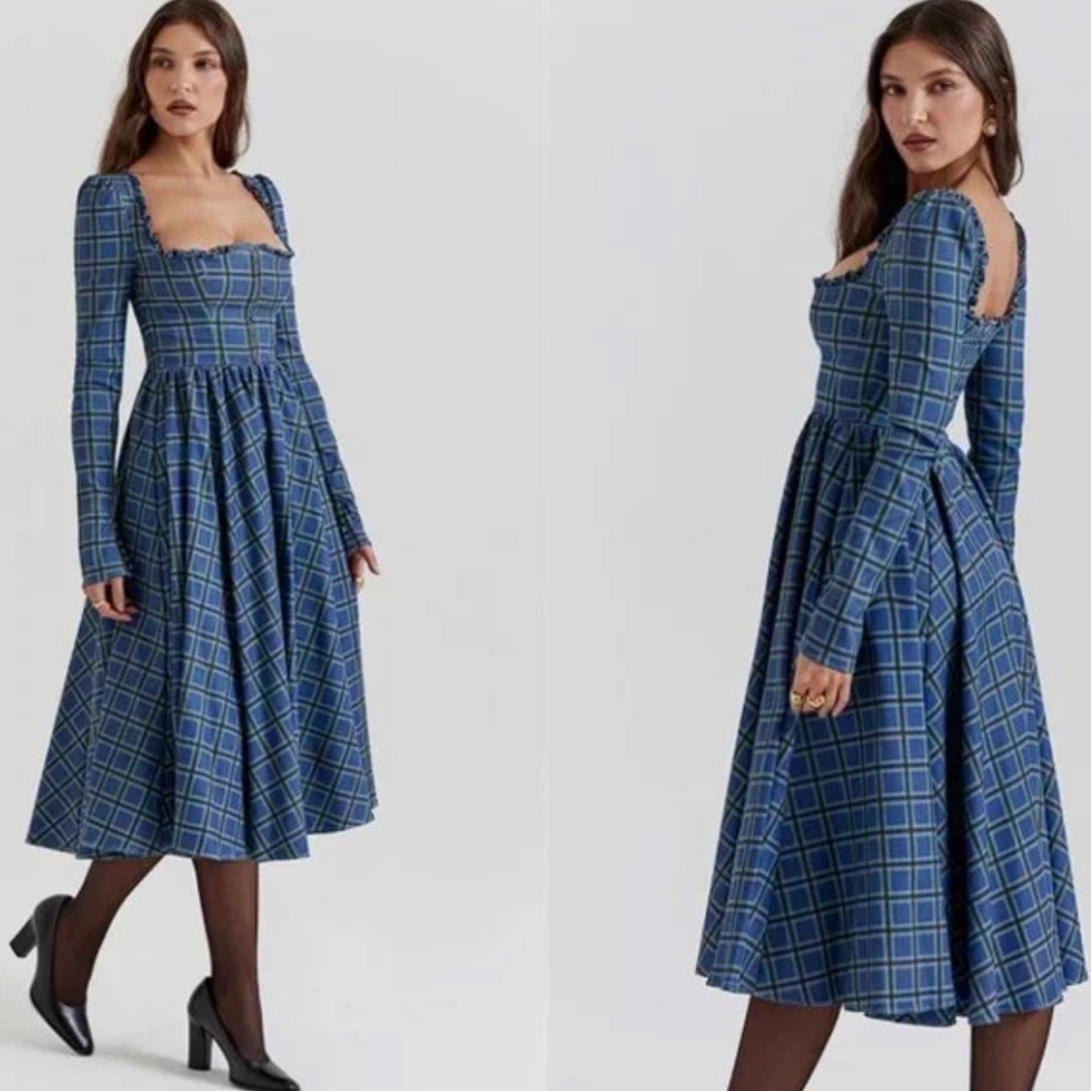 House of CB Blue Tartan Long Sleeve Dress - Picture 2 of 5